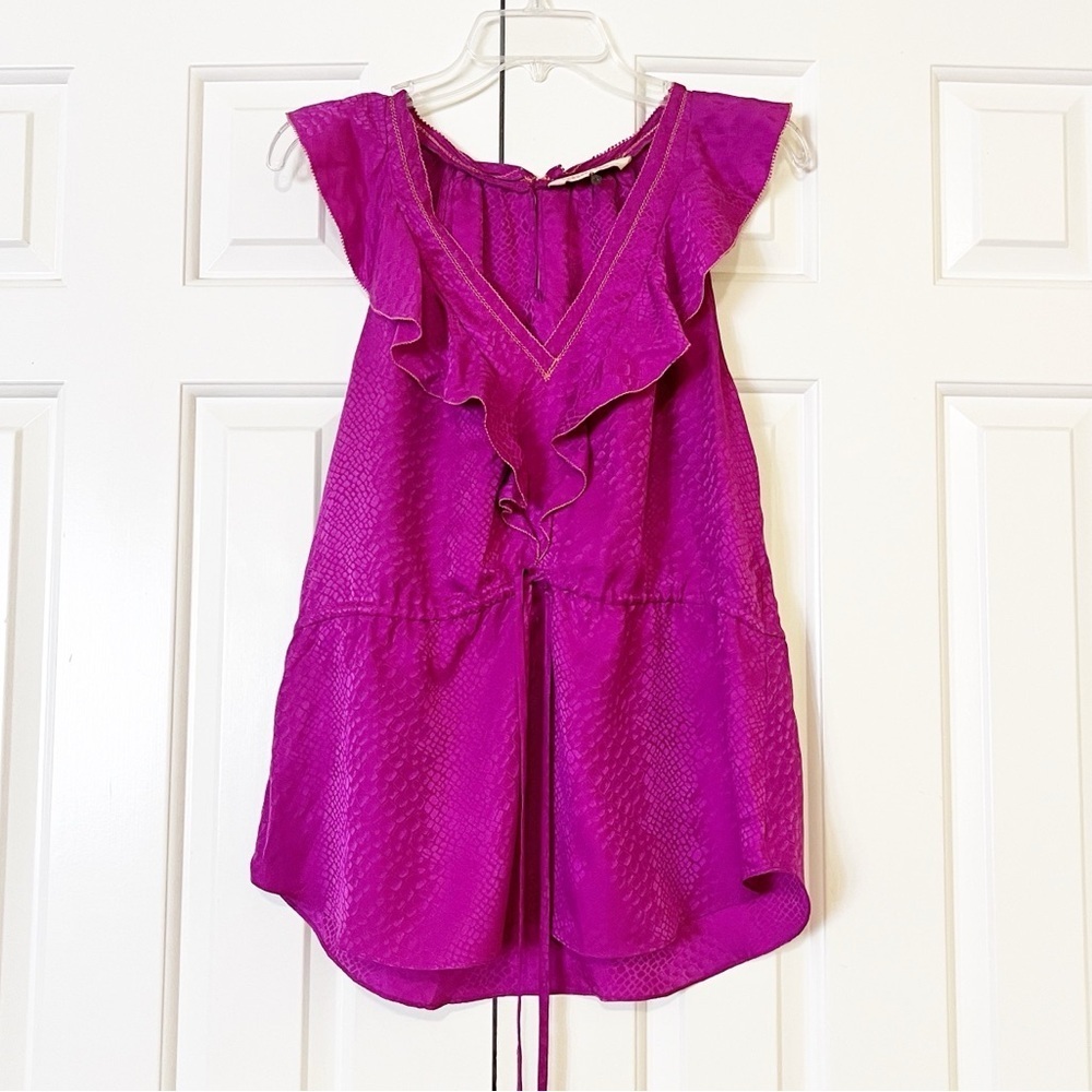 Rebecca Taylor sleeveless v-neck 100% silk flounce blouse w/ waist tie. Size 10 - Picture 2 of 16